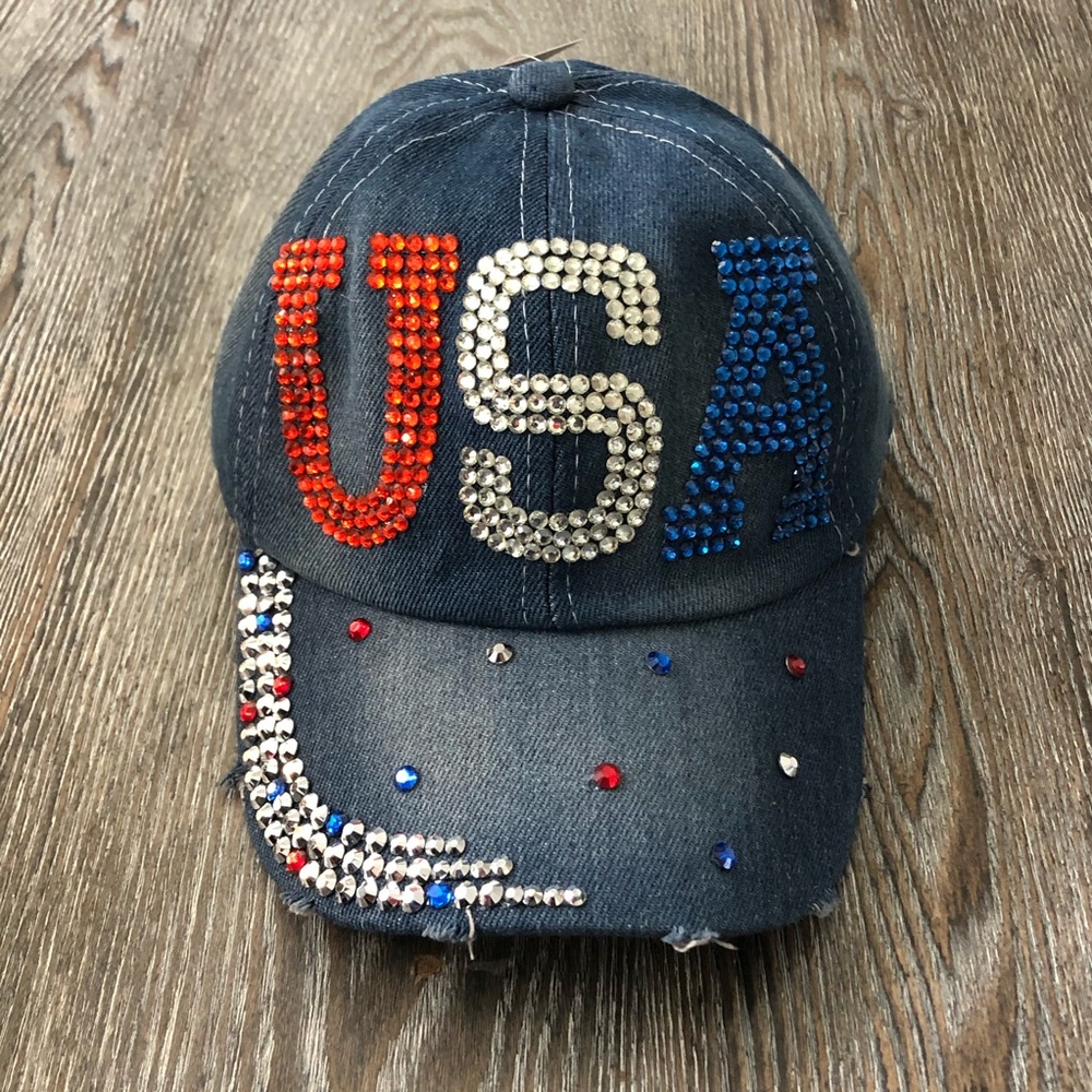 USA Rhinestone Embellished Bling Style Denim Cap